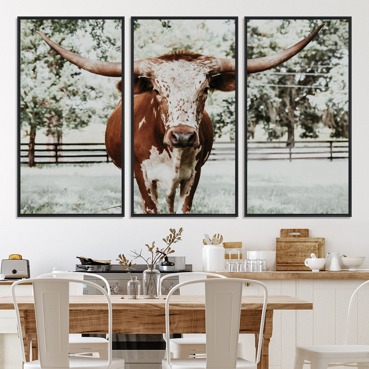 54757537-MGV-CV-36X24-Texas Longhorn Wall Art Canvas Print, Framed Spotted Cow Art Picture Print, Horned Cattle Perfect Rustic Western Decor Artwork