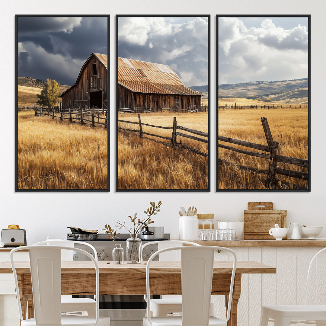 Canvas of a weathered wooden barn in a golden field under a dramatic sky, perfect for rustic or farmhouse-style wall decor.