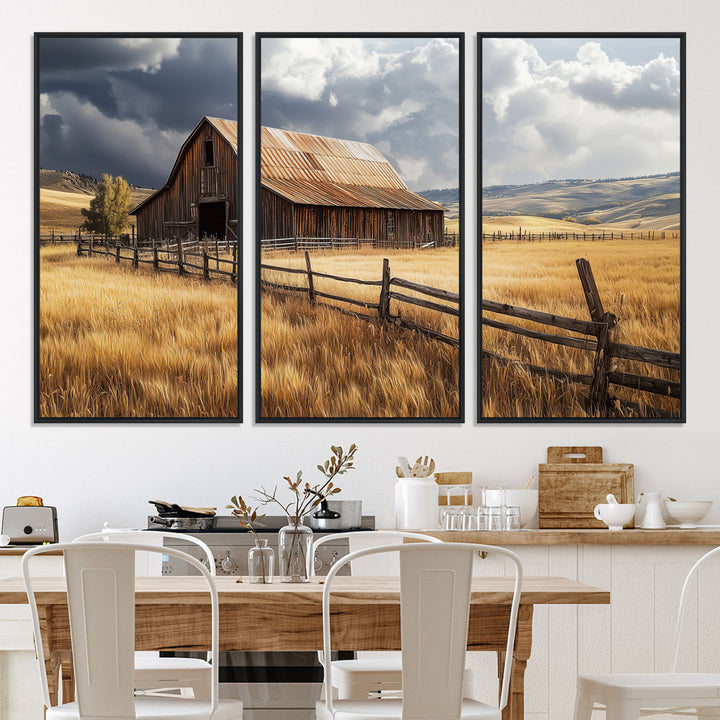 Canvas of a weathered wooden barn in a golden field under a dramatic sky, perfect for rustic or farmhouse-style wall decor.