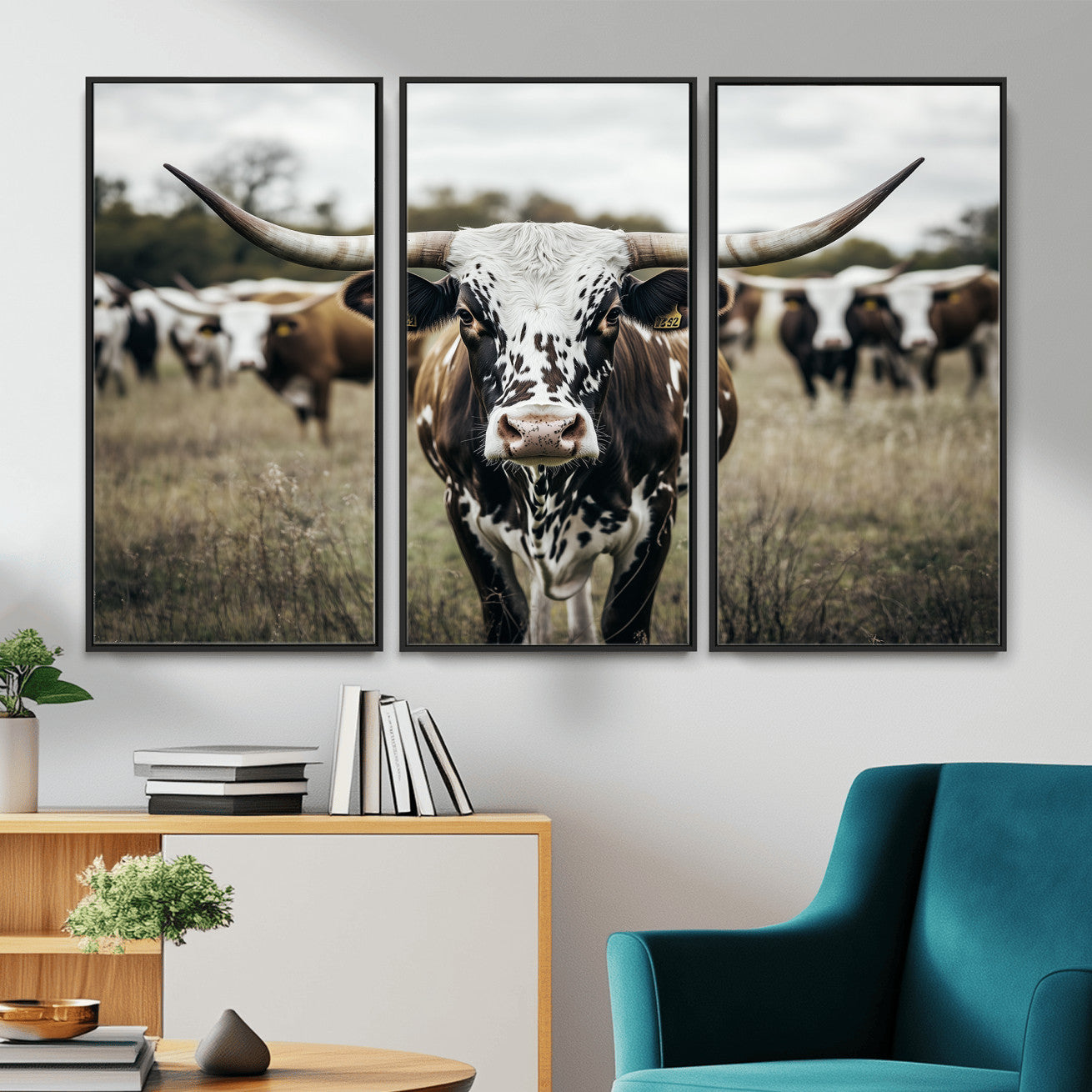 MGV-FC-48X32-3P - Majestic Longhorn Cow Wall Art – Canvas Print of Intricate Fur & Sharp Horns Earthy Tones Serene Landscape, Rustic Charm Decor for Living Room, Office or Bedroom