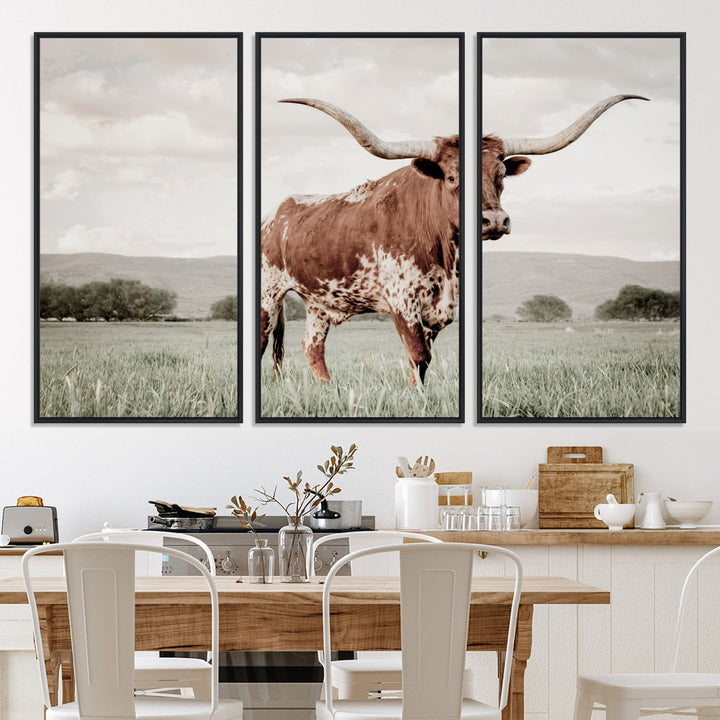 Texas Longhorn Wall Art Canvas Print, Framed Spotted Cattle Art Picture Print, Horned Bull Perfect Rustic Western Decor Artwork