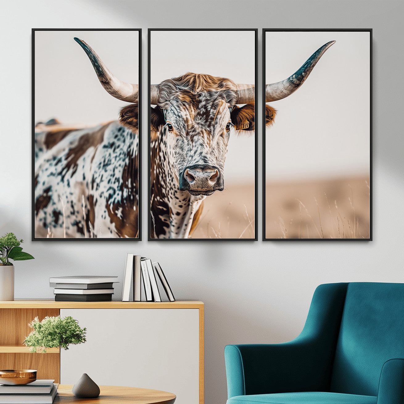 70414966-MGV-FC-48X32-3P - Majestic Longhorn Wall Art – Canvas Print of Strong Stance Intricate Fur & Sharp Horns Rustic Elegance & Timeless Wild Beauty Decor for Living Room, Office or Bedroom