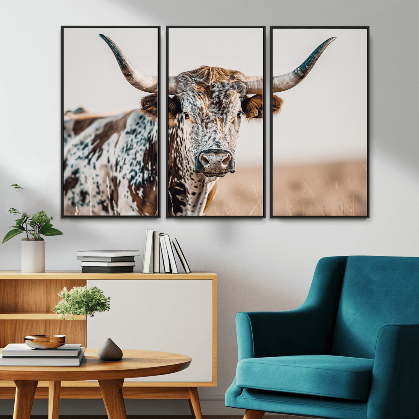 Canvas of a speckled Texas longhorn with wide curved horns and warm tones, perfect for rustic or country-style wall decor.