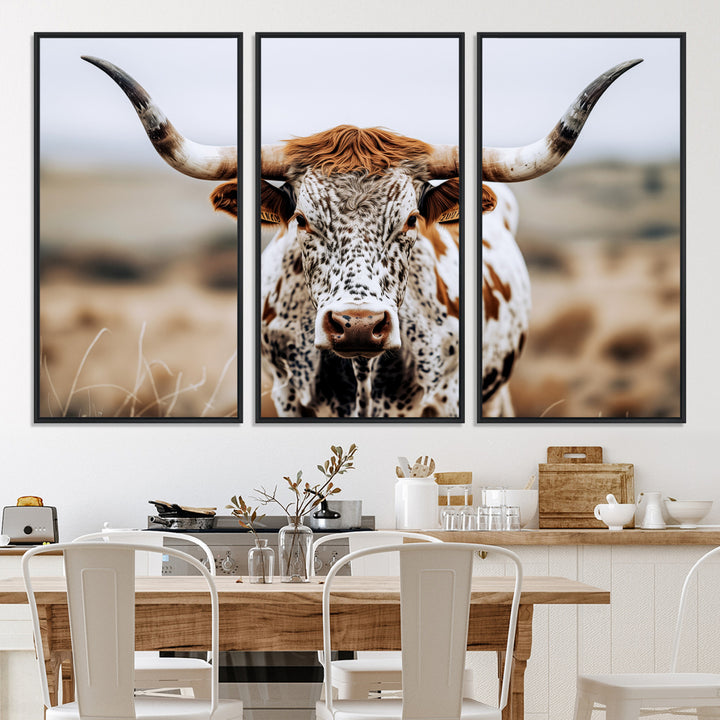 Texas Longhorn Wall Art Canvas Print, Framed Spotted Cow Art Picture Print, Horned Cattle Perfect Rustic Western Decor Artwork