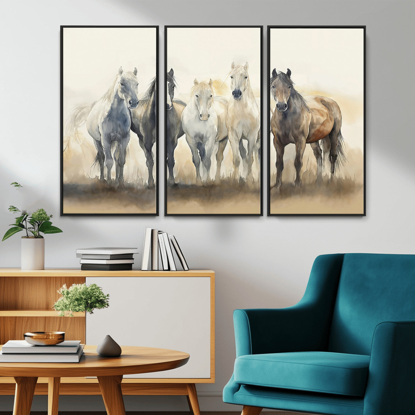 Watercolor illustration of five wild horses in soft neutral tones, perfect for rustic or western-style home decor with a calming natural vibe.