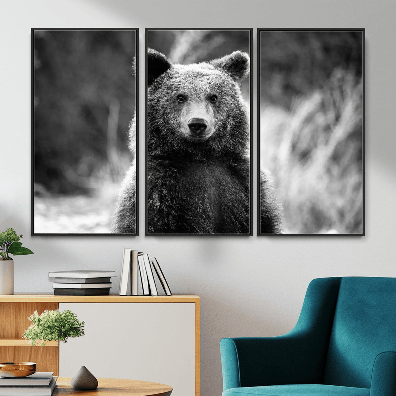 55656803-MGV-CV-36X24-Grizzly Bear Wall Art Canvas Print – Framed Black White Wildlife Rustic Nature Artwork for Home, Office Decor
