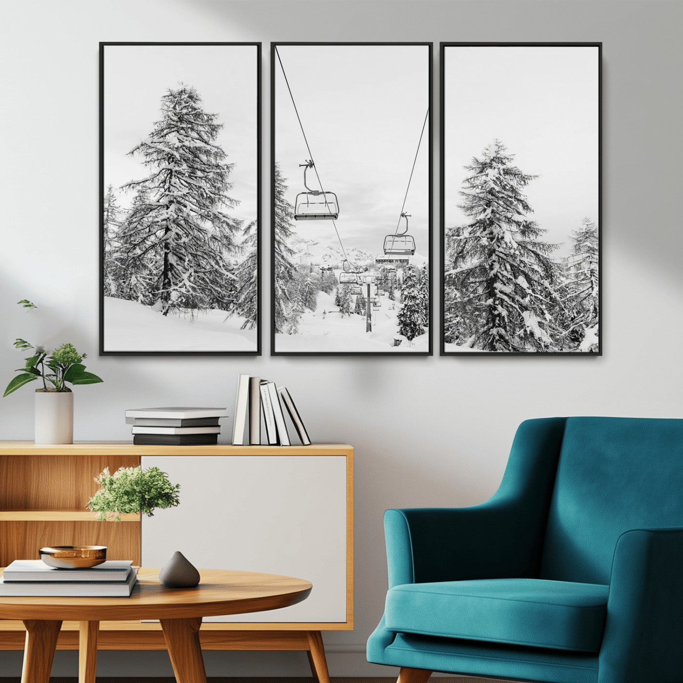 Black and white image of a ski lift amidst snow-covered pine trees, ideal for winter mountain or cabin-themed decor.