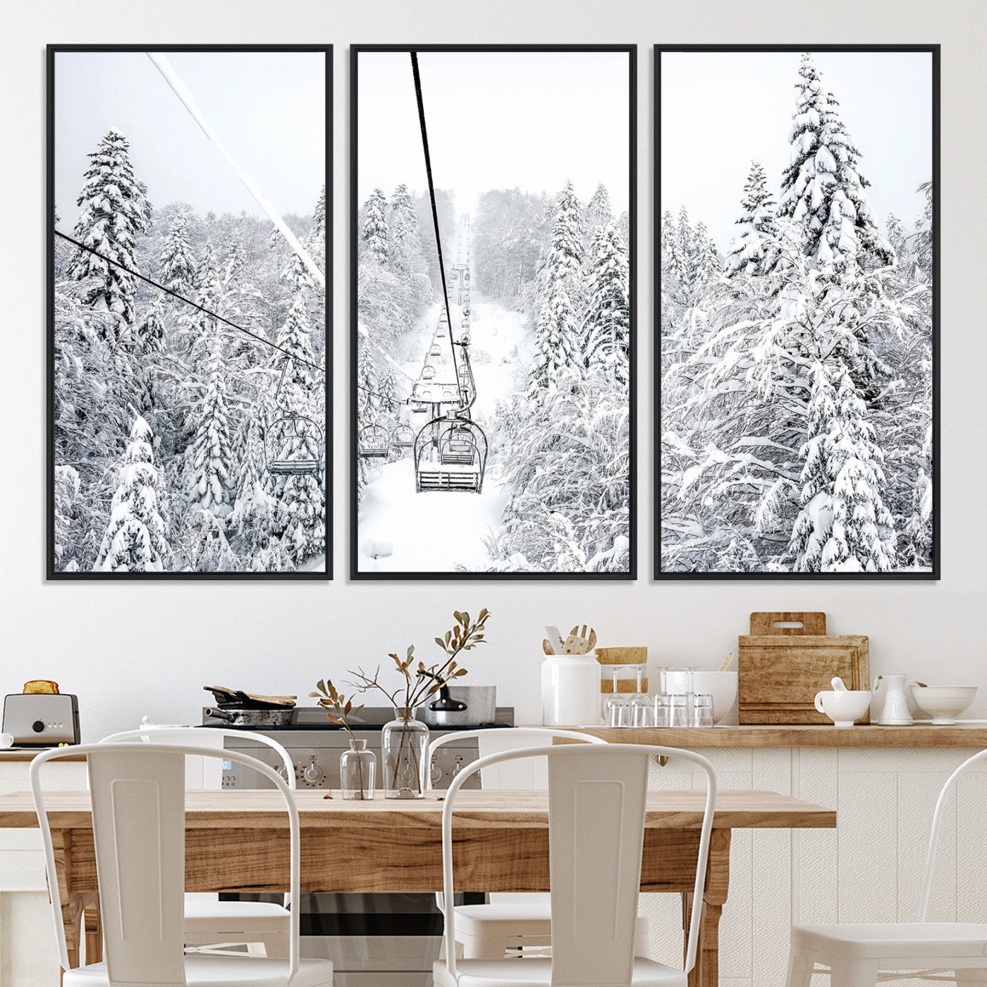 60296839-MGV-CV-36X24-Snowy Mountains Wall Art Canvas Print, Framed Ski Lift Art Picture Print, Winter Forest Perfect Winter Minimalist Decor, Ski Lift Canvas