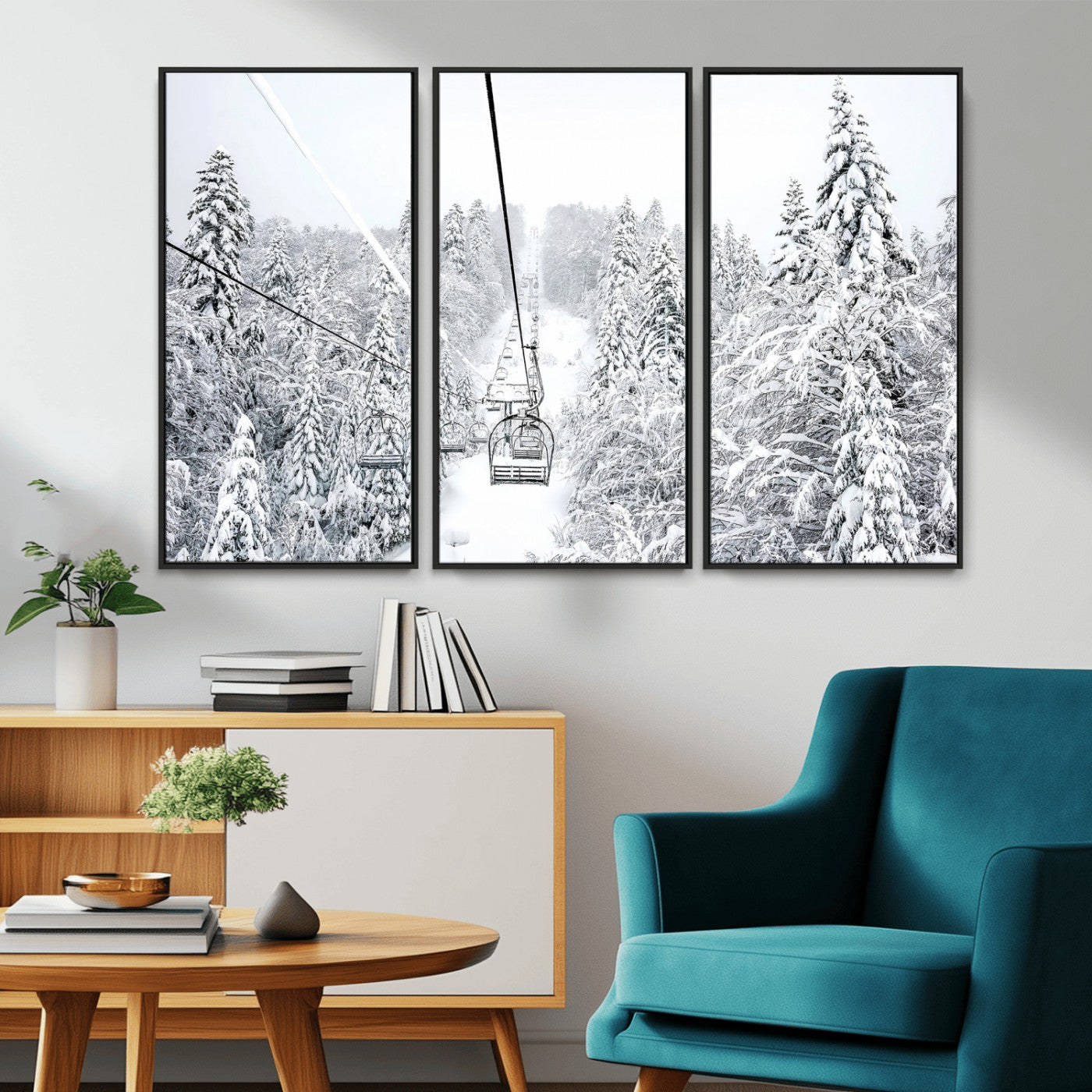 MGV-FC-48X32-3P - Snowy Mountains Wall Art Canvas Print, Framed Ski Lift Art Picture Print, Winter Forest Perfect