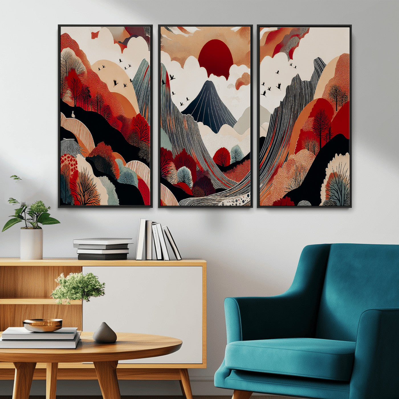 Abstract nature illustration with a red sun, mountains, and vibrant landscapes in graphic style, perfect for contemporary minimalist home decor. Ideal for modern spaces.