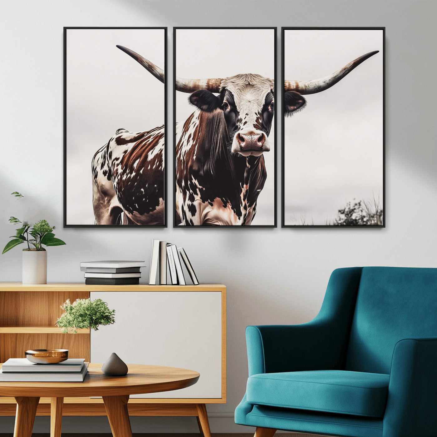 Close-up of a Texas Longhorn bull with powerful horns, perfect for rustic farmhouse or country-themed home decor. Ideal for animal lovers.
