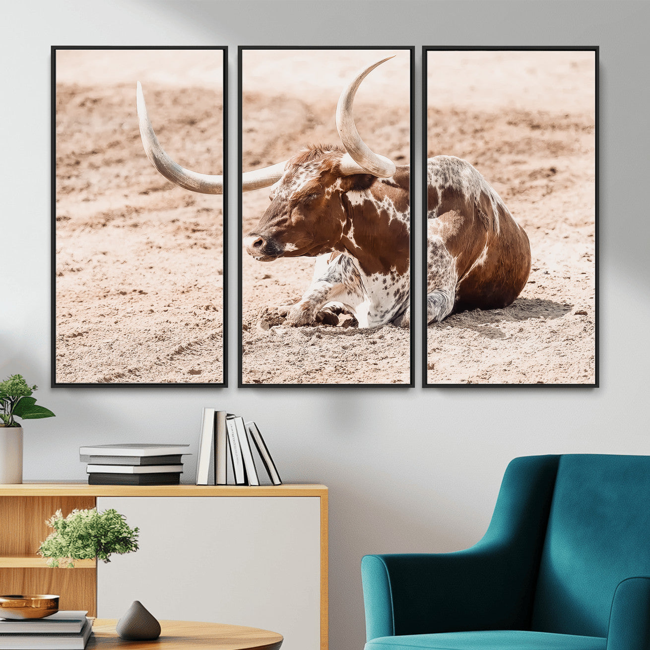 91248682-MGV-CV-36X24-Texas Longhorn Wall Art Canvas Print – Framed Resting Bull Scene with Spotted Cattle Artwork for Home, Office