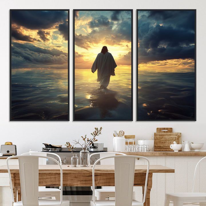 Jesus Walks Wall Art Canvas Print, Framed Divine Sunset Art Picture Print, Spiritual Light Perfect Spiritual Tranquil Decor Artwork