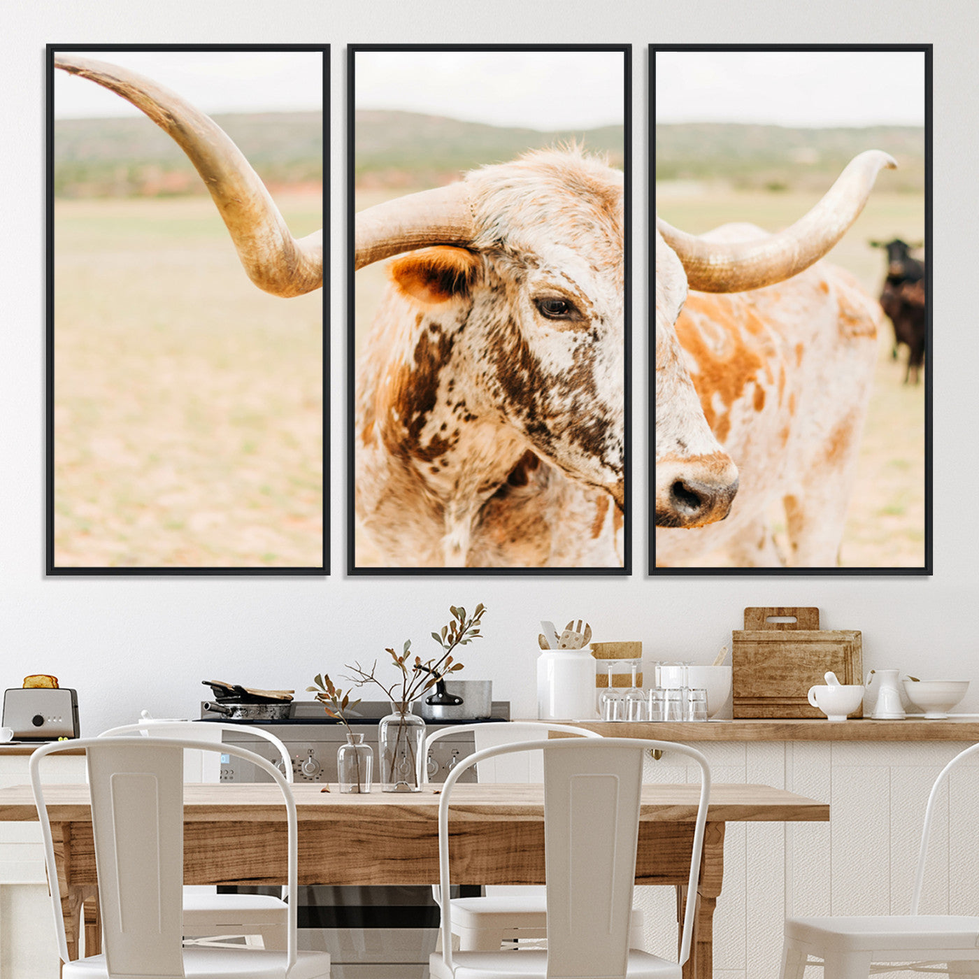 21060648-MGV-CV-36X24-Texas Longhorn Wall Art Canvas Print, Framed Speckled Cow Art Picture Print, Rustic Bull Perfect Rustic Western Decor, Framed Speckled Cow