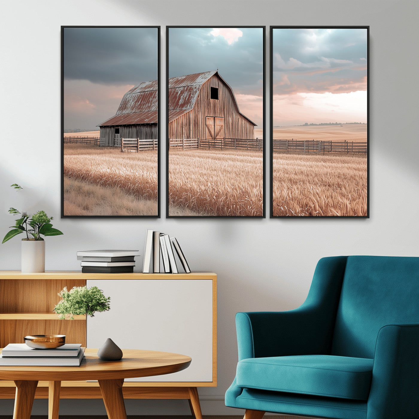 MGV-FC-48X32-3P - Rustic Barn Wall Art Canvas Print, Framed Wheat Field Art Picture Print, Sunset Barn Perfect Vintage Farmhouse Decor Artwork