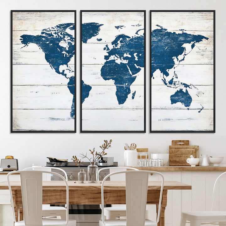 Rustic world map with blue continents on distressed wooden planks, perfect for coastal, explorer, or vintage-style wall decor.