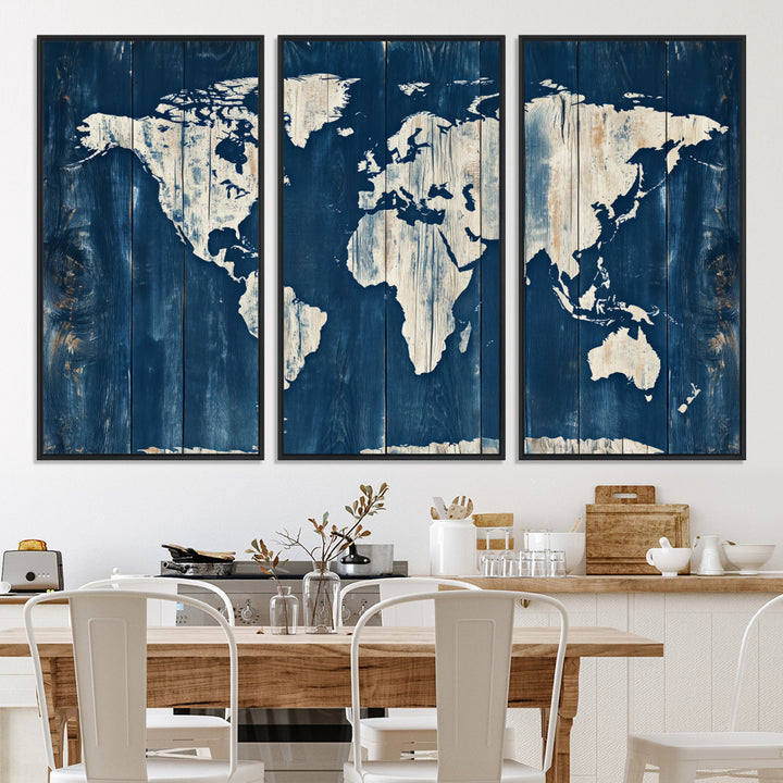 World Map Wall Art Canvas Print, Rustic Map Print, Framed Wooden World Map Art Print, Large Antique Map Decor Printing Perfect for Vintage Decor