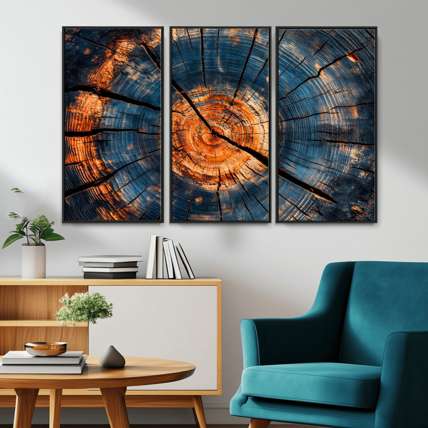 MGV-FC-48X32-3P - Burnt Wood Wall Art Canvas Print, Framed Aged Timber Art Picture Print, Rustic Tree Slice Perfect Rustic Decor Artwork