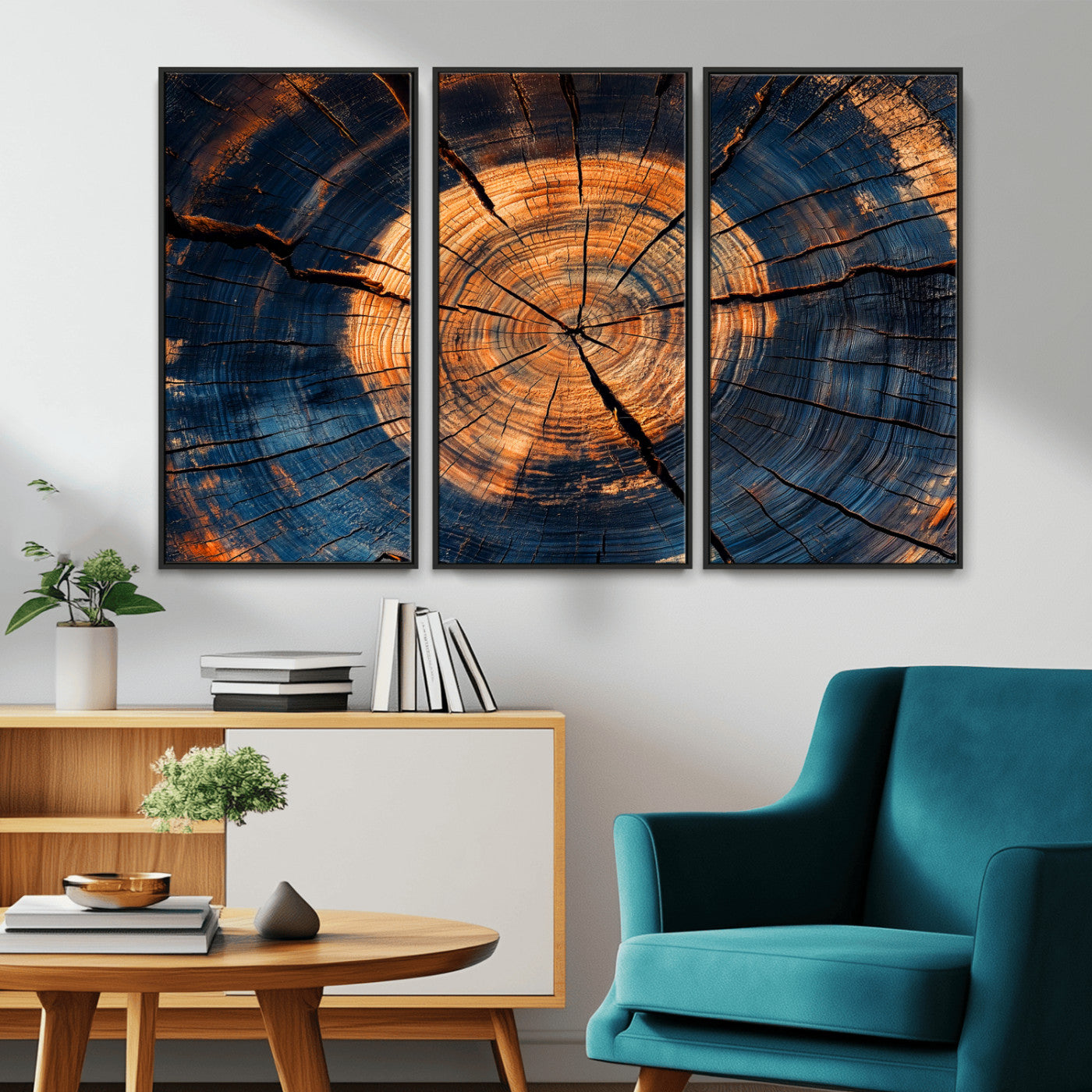 MGV-FC-48X32-3P - Burnt Wood Wall Art Canvas Print, Framed Aged Timber Art Picture Print, Rustic Tree Slice Perfect Rustic Decor Artwork