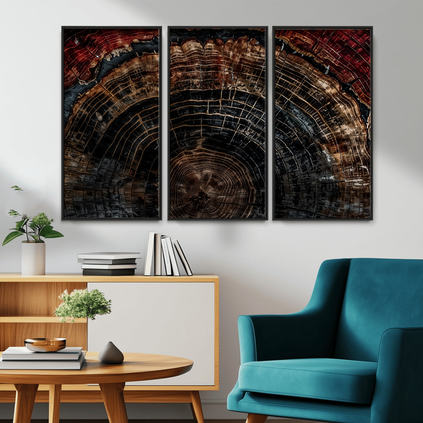 MGV-FC-48X32-3P - Dark Wood Ring Wall Art Canvas Print, Framed Abstract Wood Tree Art Picture Print, Rustic Tree Slice Perfect Rustic Decor Artwork