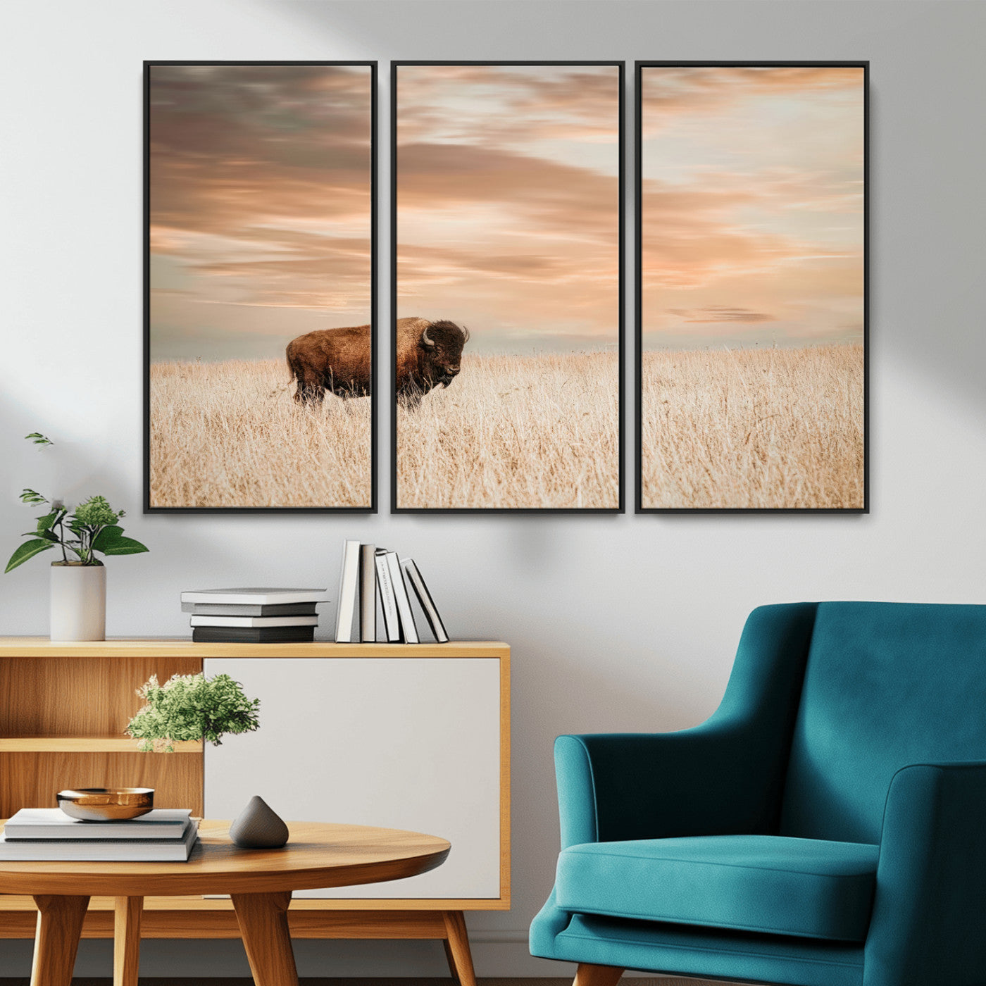 MGV-FC-48X32-3P - Bison Wall Art Canvas Print, Framed Buffalo Art Picture Print, Western Prairie Perfect Rustic Decor Artwork