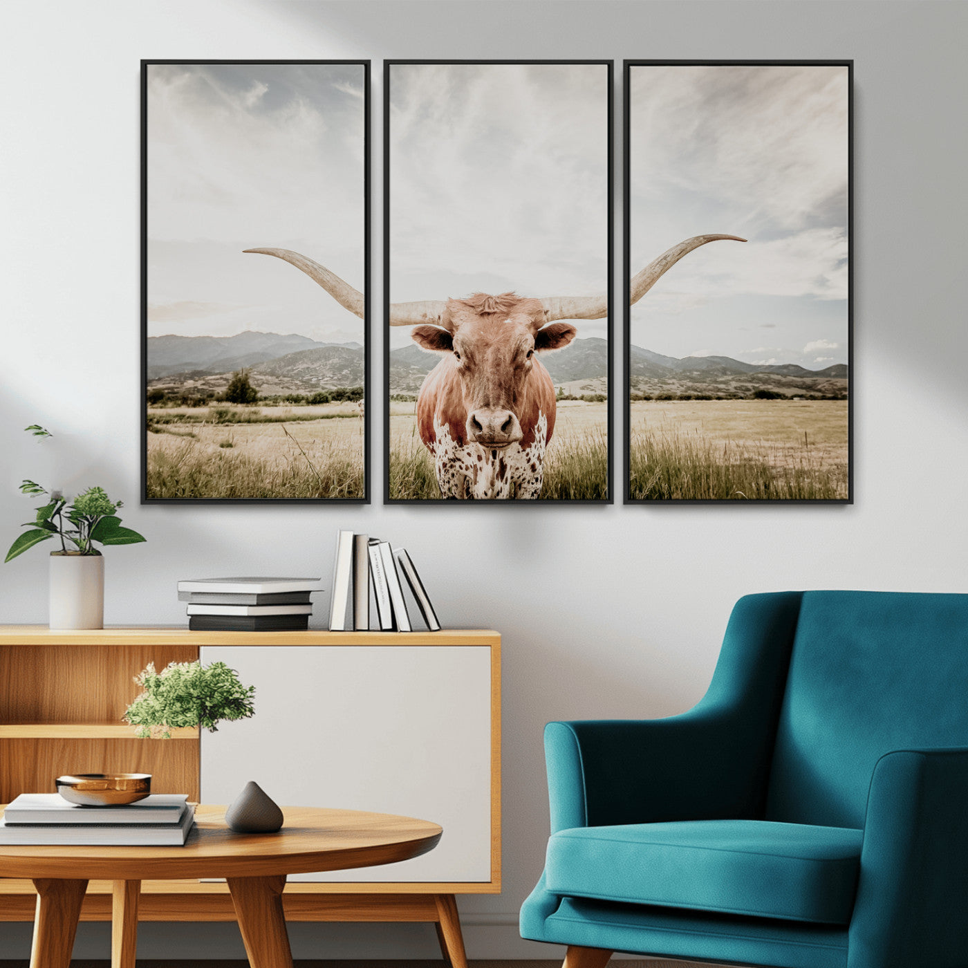 MGV-FC-48X32-3P - Texas Longhorn Wall Art Canvas Print, Framed Western Cow Art Picture Print, Rustic Farmhouse Perfect Farmhouse Decor Artwork