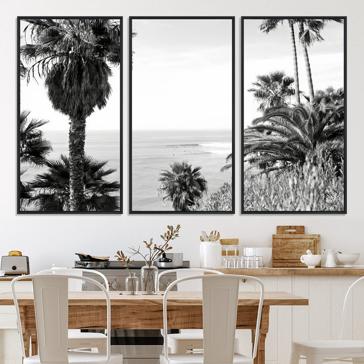 Monochrome canvas of palm trees framing a coastal surf scene, perfect for California-inspired or retro black-and-white beach decor.