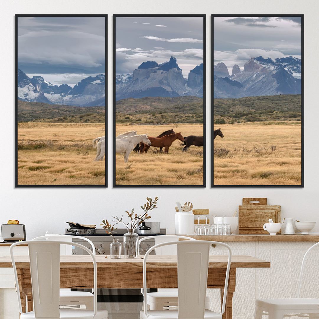 69960232-MGV-CV-36X24-Wild Horses Wall Art Canvas Print, Framed Patagonian Peaks Art Picture Print, Torres del Paine Perfect Rustic Patagonian Freedom Decor, Wild