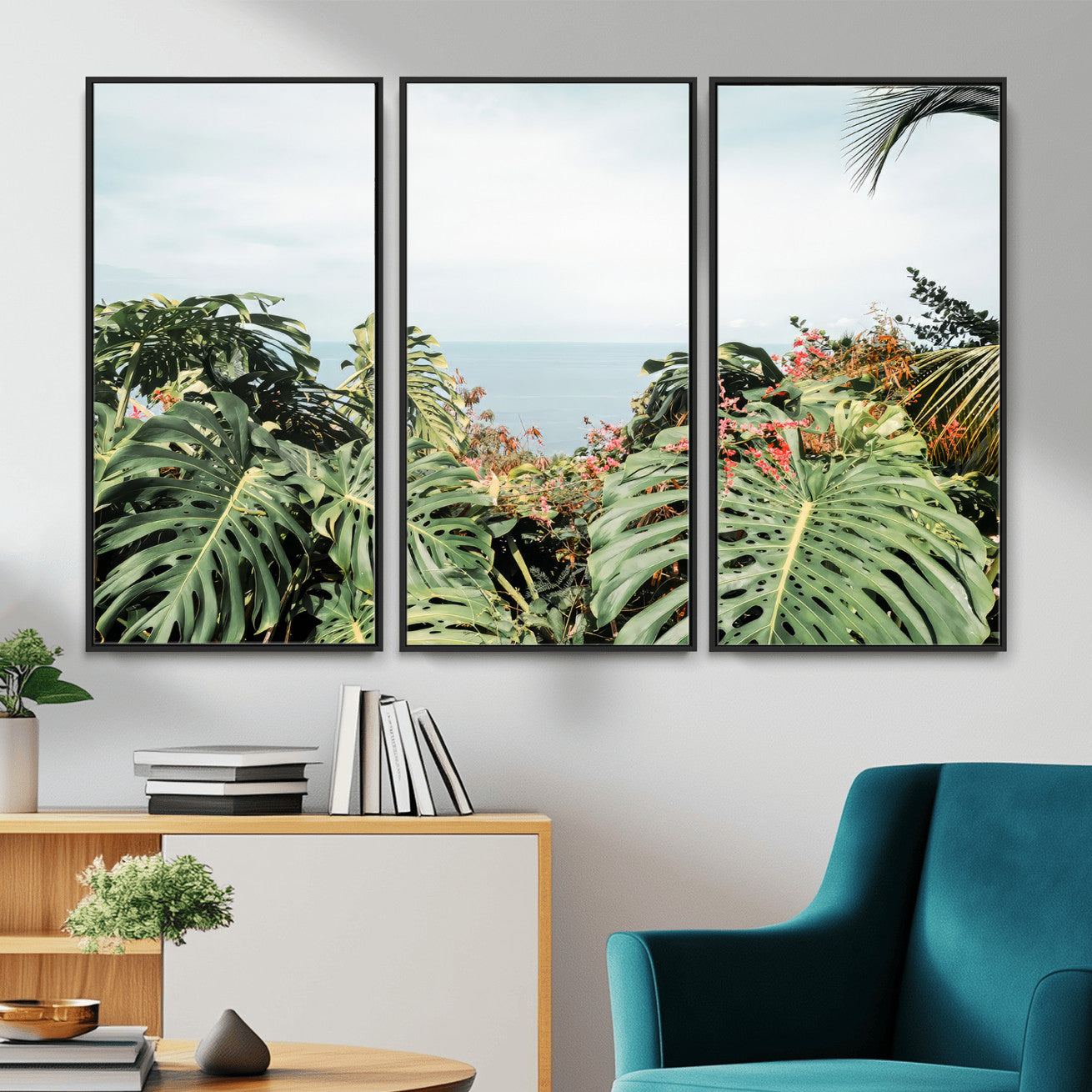 45700479-MGV-CV-36X24 - Tropical Greenery Wall Art – Exotic Leaves & Ocean View Canvas Print, Sunlit Paradise and Vibrant Nature for Living Room or Coastal Decor