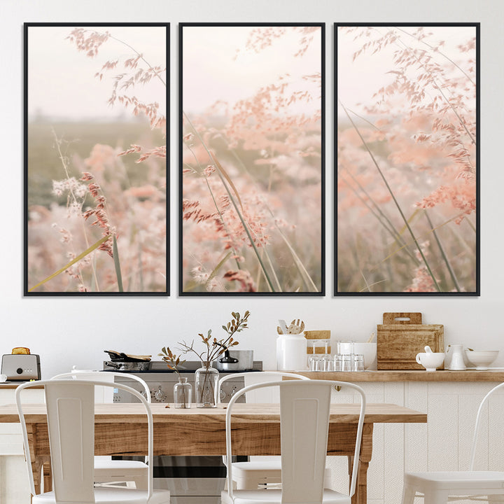 Pastel Grasses Wall Art Canvas Print, Soft Meadow Print, Framed Field in Breeze Art Print, Large Pink Meadow Printing Soft Pastel