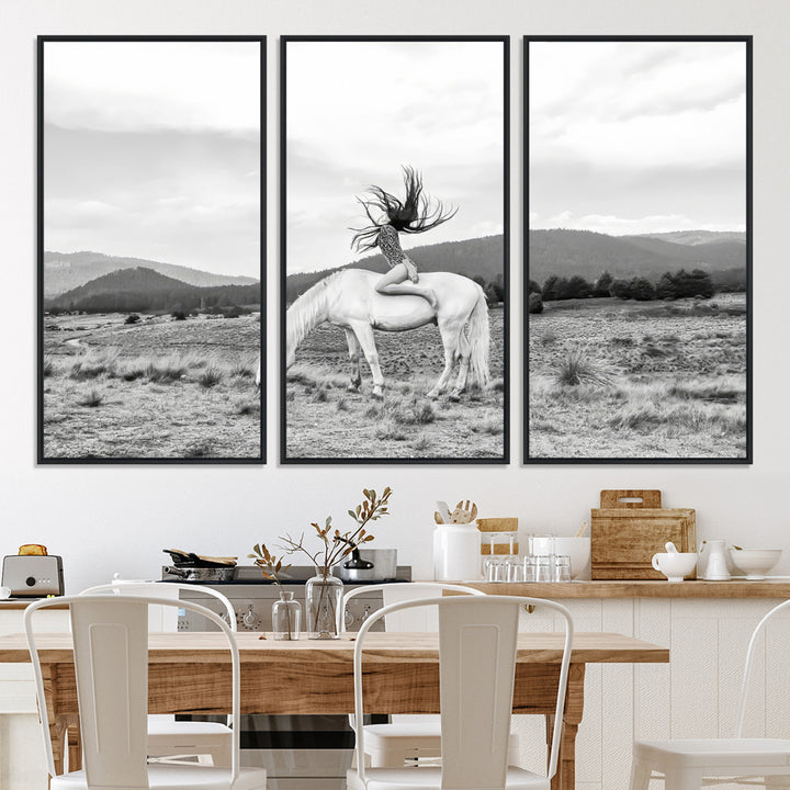 White Horse Wall Art Canvas Print, Woman Rider Print, Framed Equestrian Pose Art Print, Large Grazing Horse Printing Western Boho
