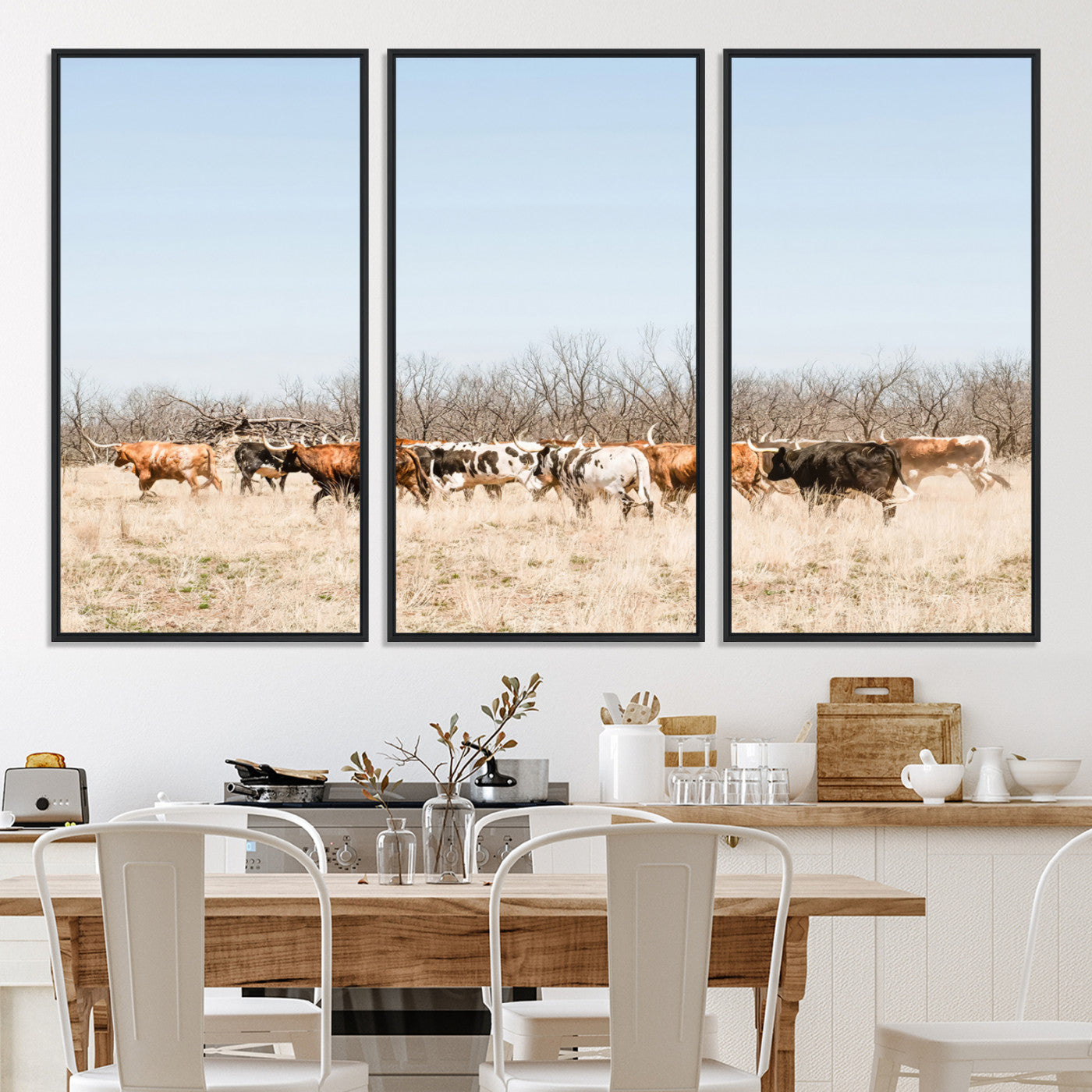 16563092-MGV-CV-36X24-Texas Longhorns Wall Art Canvas Print, Western Cattles Print Wall Art, Framed Rustic Herd Art Print, Large Country Cows Printing Rustic