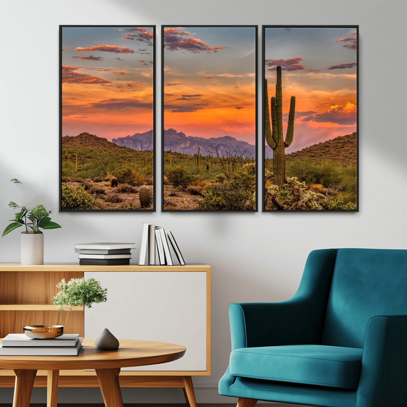 MGV-FC-48X32-3P - Saguaro Cactus Wall Art Canvas Print, Framed Arizona Sunset Art Picture Print, Sonoran Desert Perfect Southwestern Boho Decor Artwork
