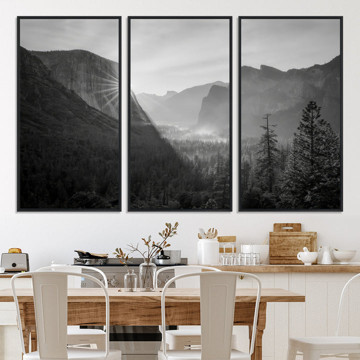 Yosemite Valley Wall Art Canvas Print, El Capitan Sunrise Print, Framed Misty Mountain Art Print, Large Monochrome Valley Printing