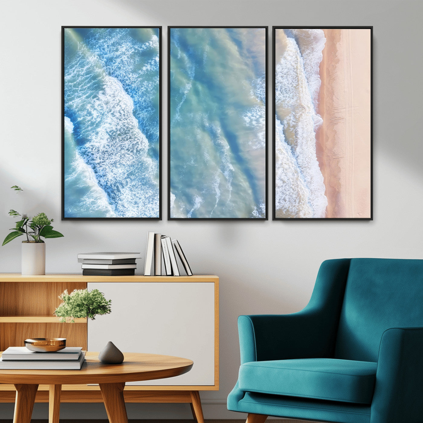 MGV-FC-48X32-3P - Aerial Ocean View Wall Art Canvas Print, Framed Soft Blue Waves Art Picture Print, Sandy Shoreline Perfect Modern Coastal Decor Artwork