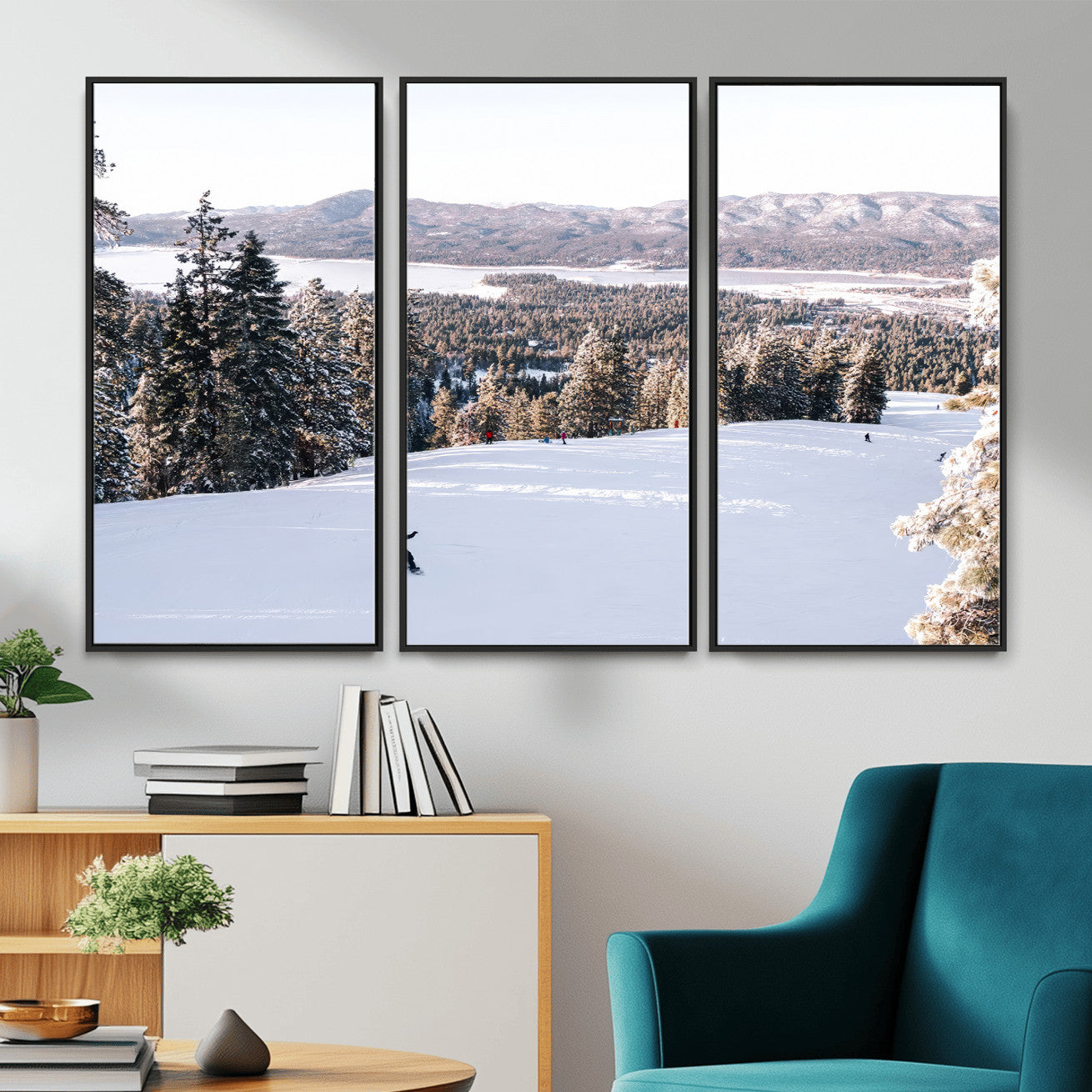79857868-MGV-CV-36X24 - Snowboarder Wall Art – Winter Slope Canvas Print, Pine Forest, Snow-Covered Mountains, Outdoor Adventure for Living Room or Cabin Decor