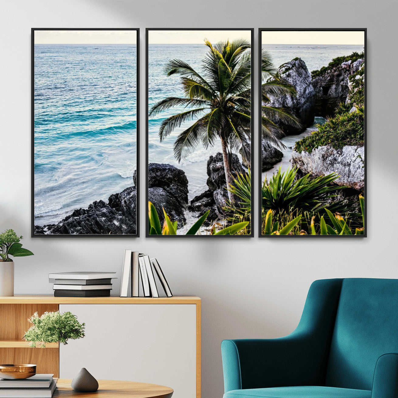94669907-MGV-CV-36X24 - Tropical Palm Wall Art – Coastal Rocks Canvas Print, Ocean Breeze, Sandy Shore, Vibrant Green Foliage for Living Room or Beach House Decor