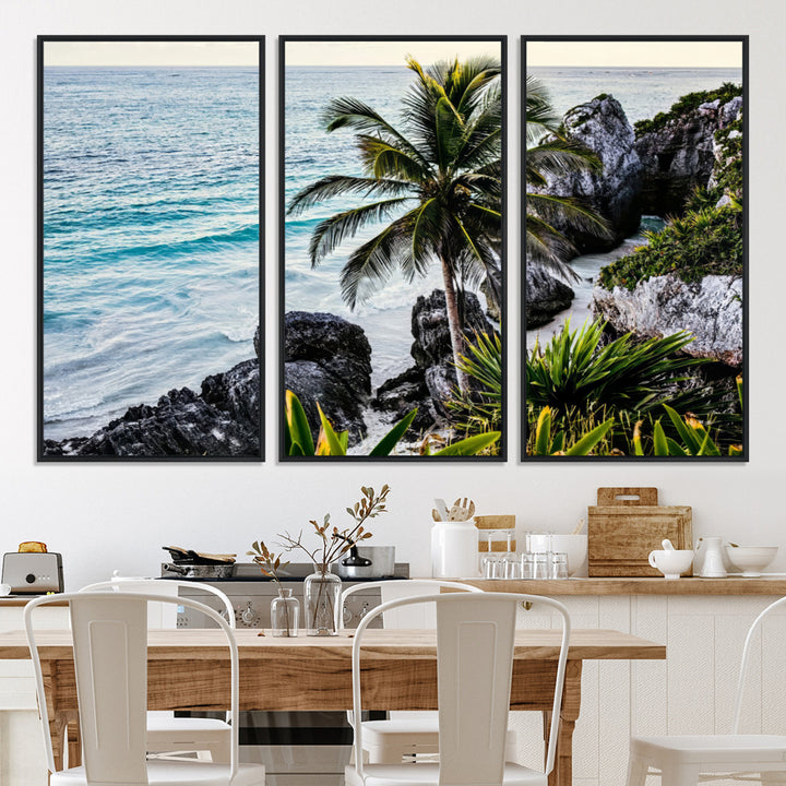Framed canvas of a vibrant tropical coastline with palm trees, rocky cliffs, and turquoise waters, ideal for tropical coastal home decor.