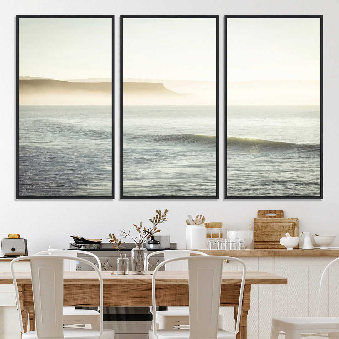 Canvas of a misty ocean scene with coastal cliffs and soft neutral tones, ideal for Scandinavian coastal or minimalist nature-inspired home decor.