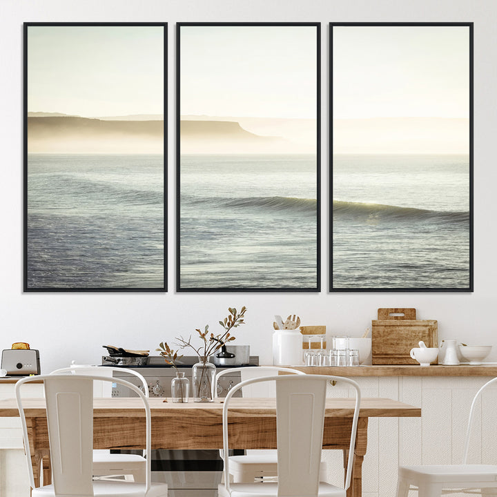 Canvas of a misty ocean scene with coastal cliffs and soft neutral tones, ideal for Scandinavian coastal or minimalist nature-inspired home decor.