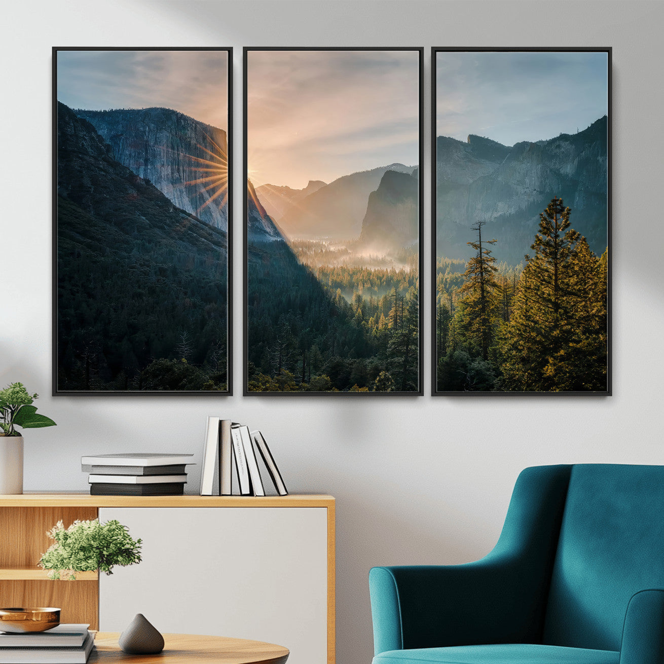 51605481-MGV-CV-36X24 - Yosemite Valley Wall Art – Misty Forest Peaks Canvas Print, Radiant Light, Tranquil Nature Landscape for Living Room or Cabin Decor