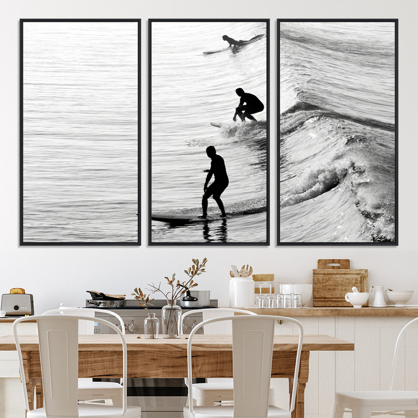 19875284-MGV-CV-36X24-Surfers on Waves Wall Art Canvas Print, Framed Black White Surf Art Picture Print, Monochrome Ocean Perfect Modern Coastal Decor, Surfers on