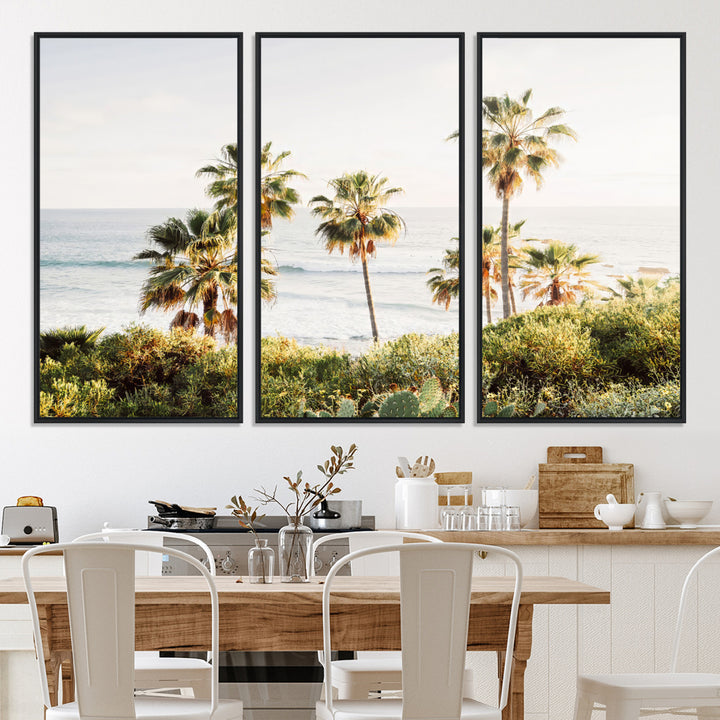 Framed print of sunlit palm trees on the California coast with warm tones, perfect for coastal minimalist or beach-style home decor.
