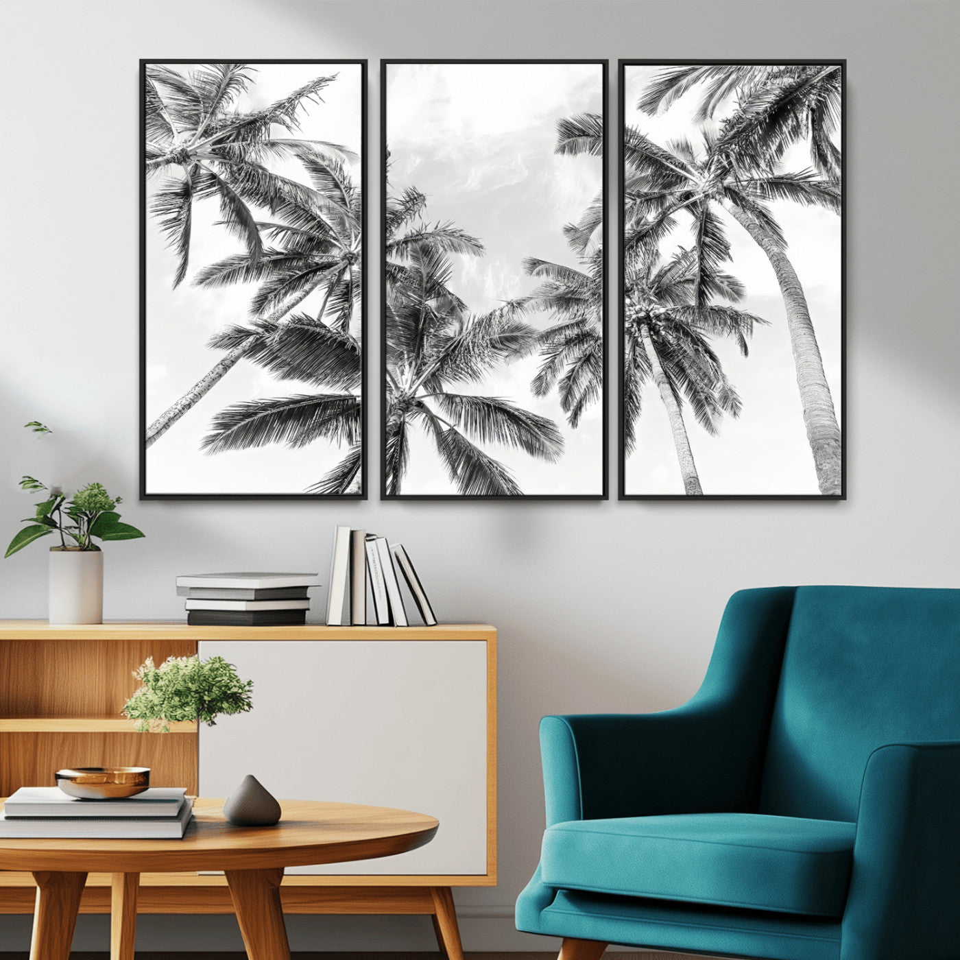 MGV-FC-48X32-3P - Black White Palm Wall Art Canvas Print, Framed Monochrome Tropics Art Picture Print, Minimalist Beach Perfect Coastal Minimalist Decor Artwork