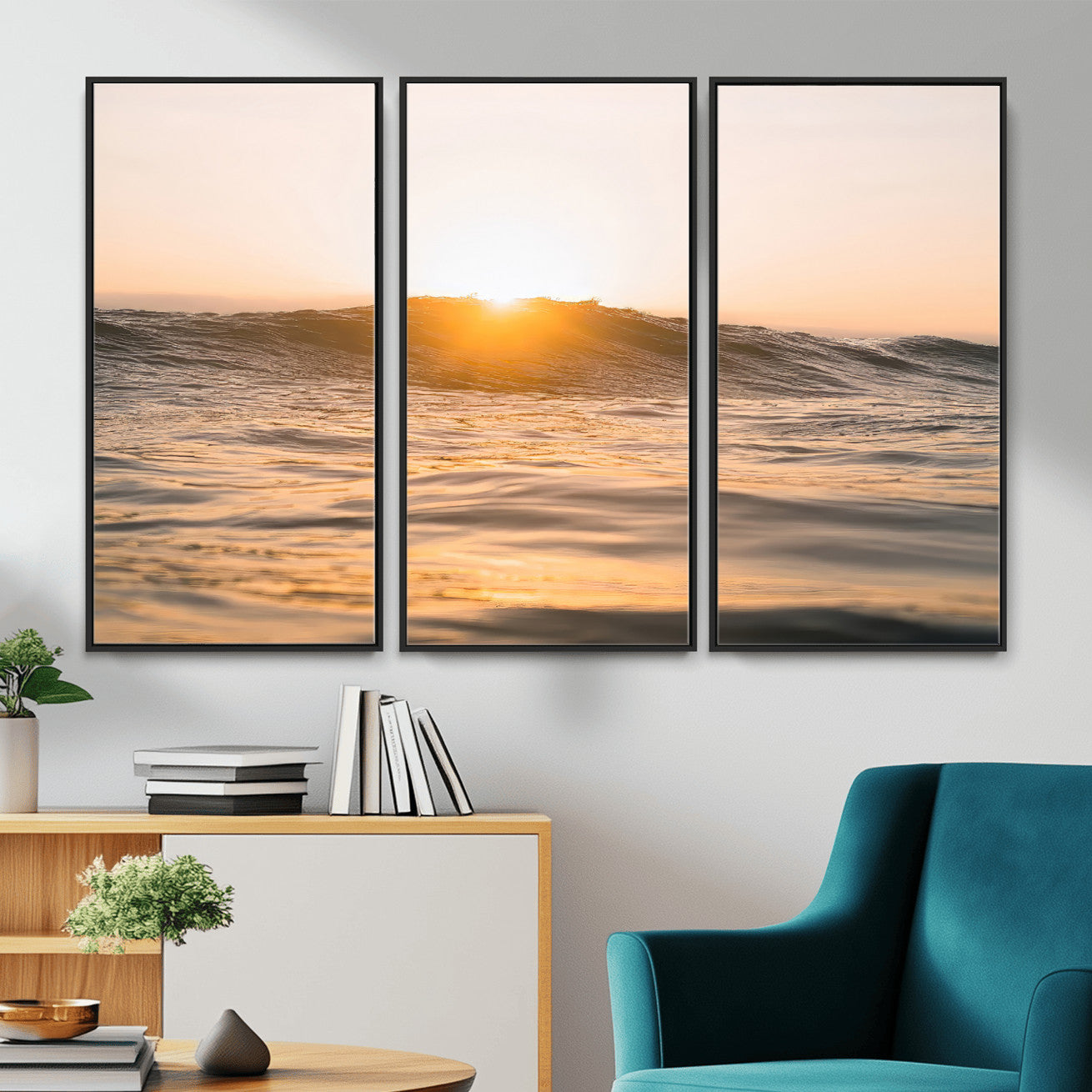 16973771-MGV-CV-36X24-Calm Water Wall Art – Framed Sunset Waves Canvas Artwork, Coastal Warm Design, Minimal Ocean Decor for Home, Office