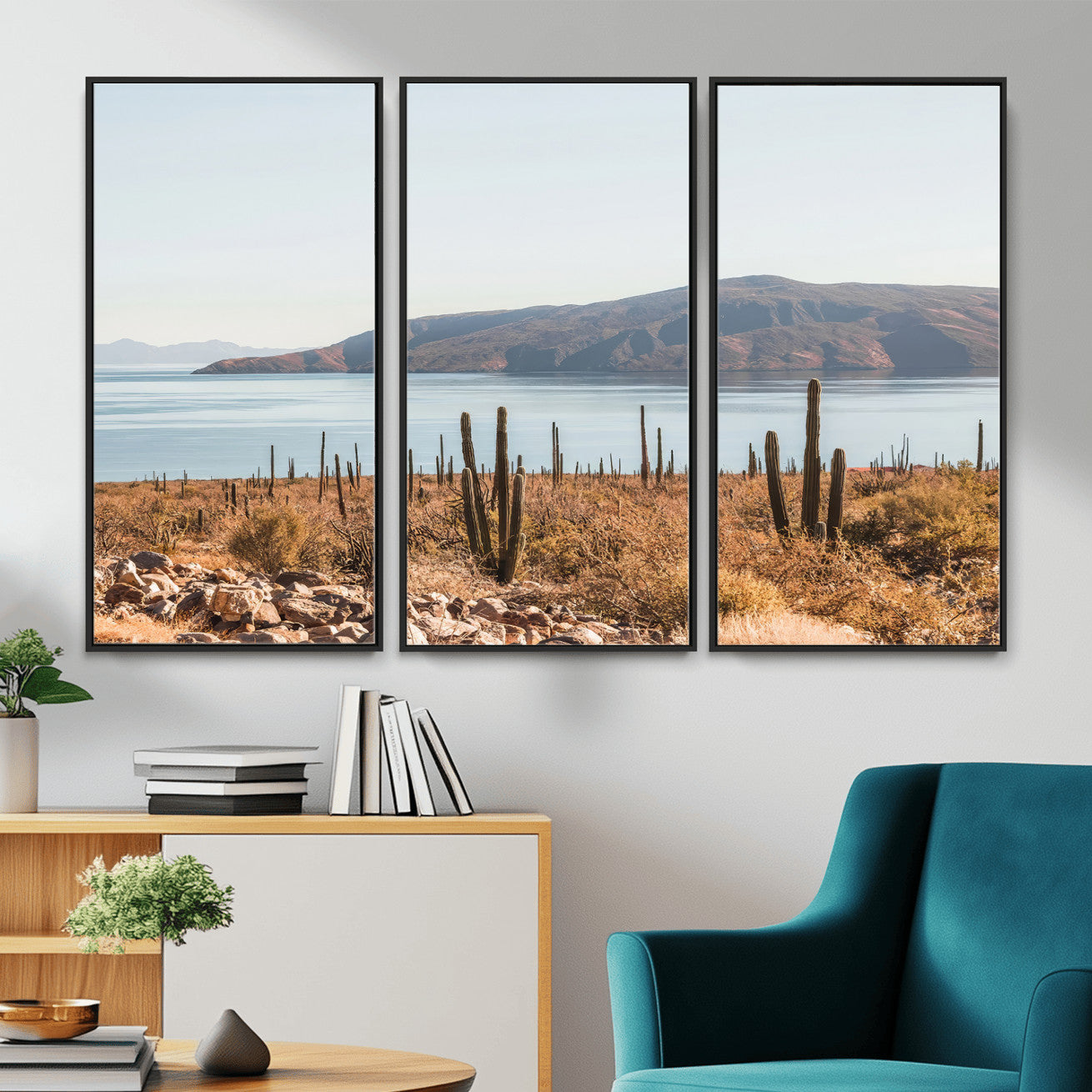 MGV-FC-48X32-3P - Desert Cactus Wall Art Canvas Print, Framed Baja Coastline Art Picture Print, Coastal Desert Perfect Southwestern Minimalist Decor Artwork
