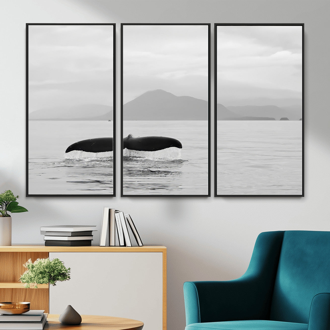 MGV-FC-48X32-3P - Whale Tail Wall Art Canvas Print, Framed Black White Ocean Art Picture Print, Calm Marine Perfect Minimalist Coastal Decor Artwork