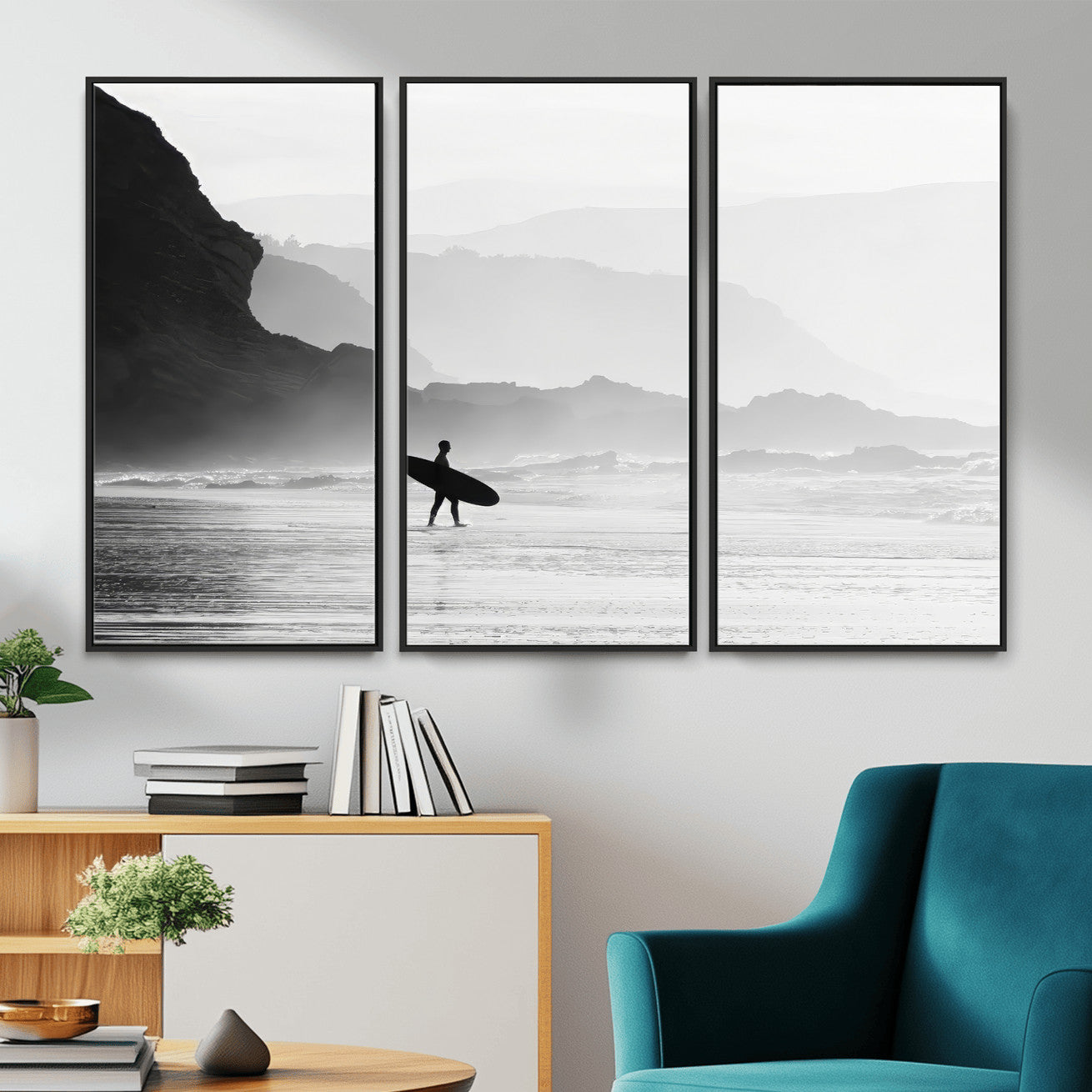 MGV-FC-48X32-3P - Surfer In Fog Wall Art Canvas Print, Framed Moody Shoreline Art Picture Print, Cliffside Waves Perfect Minimalist Coastal Decor Artwork