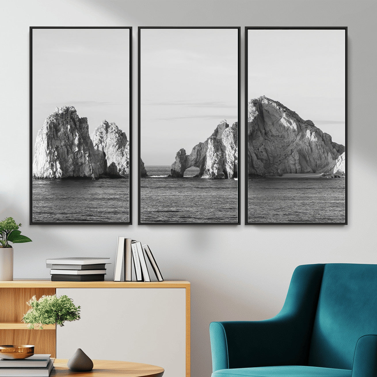 MGV-FC-48X32-3P - Rugged Coastline Wall Art Canvas Print, Framed Ocean Cliffs Art Picture Print, Monochrome Seascape Perfect Coastal Minimalist Decor Artwork