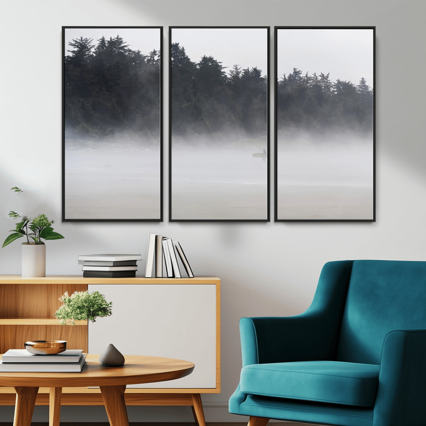 59703275-MGV-FC-48X32-3P_Black-Surfer Fog Wall Art Canvas Print – Framed Foggy Beach Scene with Coastal Surf Artwork for Home, Office, Living Room